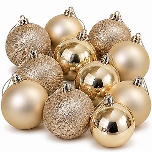 Kit 12 Bolas de Natal Champanhe 10cm Prime Texturas Mistas Glitter, Brilho e Fosca - Mundial Casa