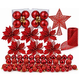 Kit 70 Enfeites Natalinos Vermelho Bolas Mistas, Ponteira, Tela e Flores Bico de Papagaio- Mundial Casa