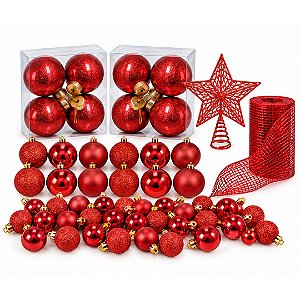 Kit Enfeites Natal Vermelho 50 Bolas Mistas e Perolada + Ponteira + Tela 15cmx5m - Mundial Casa