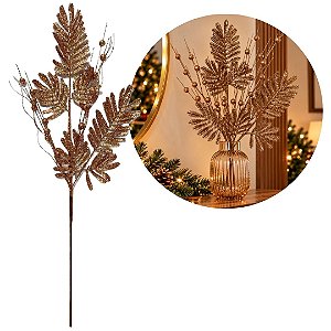 Galho Natalino Pick Folhagens Samambaia e Azevinhos Glitter Bronze 75cm