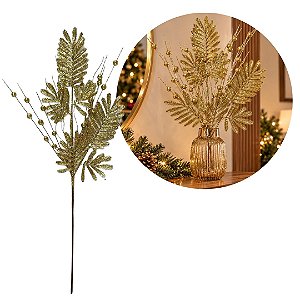 Galho Natalino Pick Folhagens Samambaia e Azevinhos Glitter Dourado 75cm