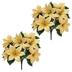 Kit 2 Buquês Natalino Bico de Papagaio Dourado 7 Flores Tecido 30cm Prime - Tuut