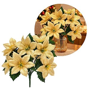 Buquê Natalino Bico de Papagaio Dourado 7 Flores Tecido 30cm Prime