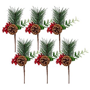 Kit 6 Pick Natalino Folhagens Pinheiro e Eucalipto com Pinha Natural e Azevinhos 20cm