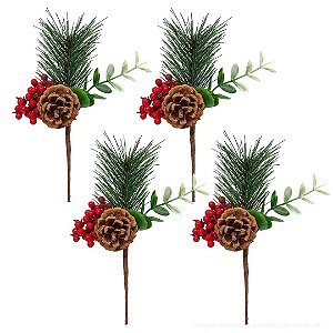 Kit 4 Pick Natalino Folhagens Pinheiro e Eucalipto com Pinha Natural e Azevinhos 20cm