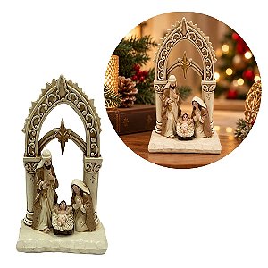 Sagrada Família Decorativa de Natal Poliresina Bege Envelhecido 15cm - Tuut