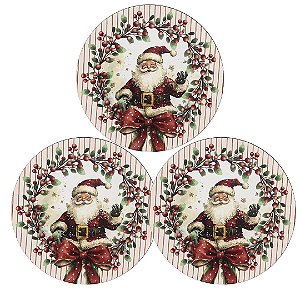 Kit 3 Sousplat Natalino Papai Noel e Azevinhos 33cm Plástico PP Luxo - Tuut