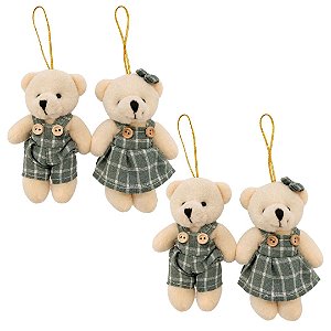 Kit 4 Ursinhos de Pelúcia Pendente Natal Creme Xadrez Verde Claro 12cm - Tuut