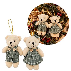Jogo Casal Ursinhos de Pelúcia Pendente Natal Creme Xadrez Verde Claro 12cm