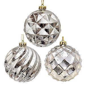 Kit 3 Bolas de Natal Grande 15cm Champanhe Prata Mix Texturas Diamond e Facetada Luxo - Master Christmas