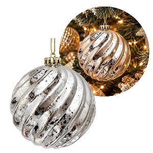 Bola de Natal Grande 15cm Champanhe Prata Ondulada Marmorizado Luxo - Master Christmas