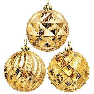 Kit 3 Bolas de Natal Dourado Mix Texturas Diamond  Facetada e Pinha Luxo Grande 15cm - Master Christmas