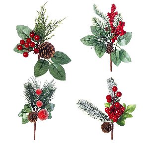Kit 4 Galhos Pick Decorativos Natalinos Mini Folhagens Pinhas Berries e Frutos 20cm
