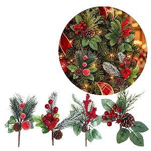 Conjunto Pick Pinhas, Berries e Frutos Folhagens Decorativo Natal 20cm 4 Unidades - Tuut