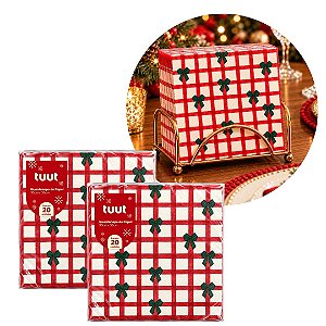 Kit 2 Pacotes Guardanapo Decorado Natalino Quadriculado Vermelho com Laços 33x33cm 20 Folhas