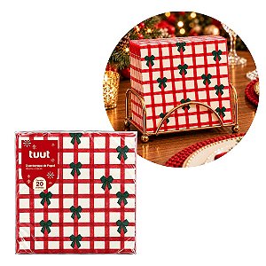 Guardanapo Decorado Natalino Quadriculado Vermelho com Mini Laços 33x33cm 20 Unidades