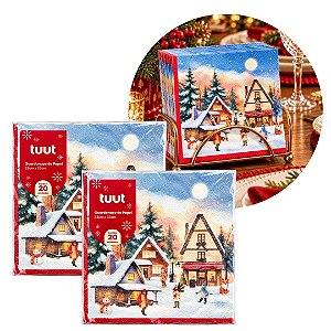 Kit 2 Pacotes Guardanapo Decorado Natalino Vila do Papai Noel 33x33cm 20 Folhas
