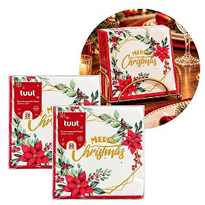 Kit 2 Pacotes Guardanapo Natalino Merry Christmas Bico de Papagaio 33x33cm 20 Folhas