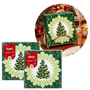 Kit  2 Pacotes Guardanapo Decorado Natalino Pinheiro Verde 33x33cm 20 Folhas