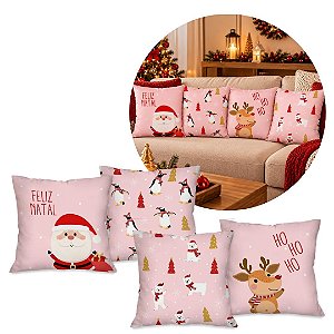 Kit 4 Almofadas Natalinas Rosa 45x45cm Papai Noel Rena Feliz Natal Poliéster Completo Capa e Enchimento