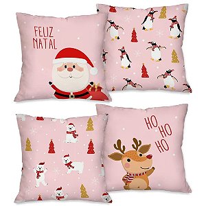 Kit 4 Capas de Almofada Natalinas Rosa 45x45cm Papai Noel Rena Feliz Natal Poliéster