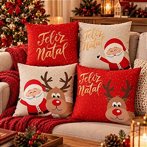 Kit 4 Almofadas Natalinas 45x45cm Papai Noel Rena Feliz Natal Completo Capa e Enchimento