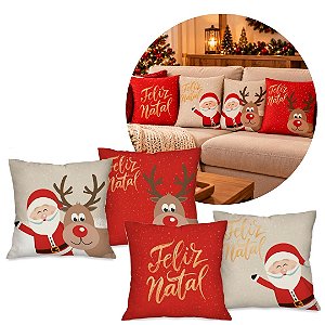 Jogo 4 Capas de Almofada Natal 45x45cm Papai Noel, Rena e Feliz Natal Poliéster Prime