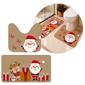Jogo 2 Tapetes para Banheiro Natalino Antiderrapante Papai Noel e Rena Marrom Poliéster