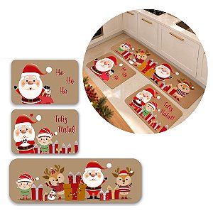 Jogo 3 Tapetes para Cozinha Natalino Antiderrapante  Marrom Poliéster Papai Noel e Rena