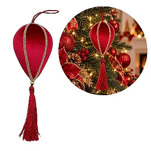 Pingente com Tessel Decorativo Natalino Veludo Vinho com Dourado Luxo 30cm - Tuut