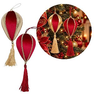 Kit 2 Pingentes Decorativo Natalino Veludo Luxo Vinho e Dourado 30cm com Tassel - Tuut