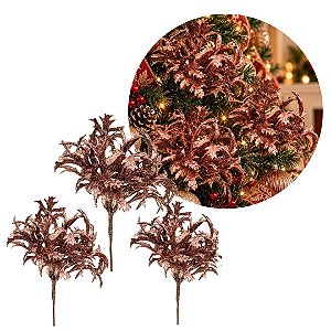 Kit 3 Picks Natalinos Decorativos Folhagens Rosê com Glitter 20cm