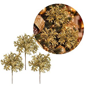Kit 3 Picks Natalinos Decorativos Folhagens Dourado com Glitter 20cm