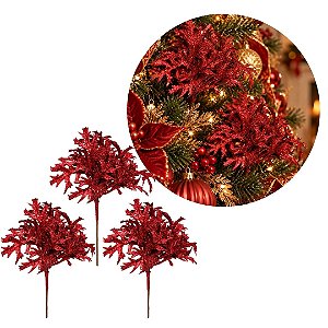 Kit 3 Picks Natalinos Decorativos Folhagens Vermelhas com Glitter 20cm