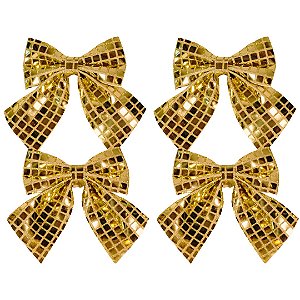 Kit 4 Laços Decorativos Natalinos Dourados com Mini Quadrados Espelhados 12cm