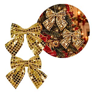 Kit 2 Laços Decorativos Natalinos Dourados com Mini Quadrados Espelhados 12cm