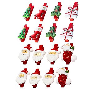 Kit 16 Mini Prendedores Decorativos Natalinos Madeira com Figuras em Poliresina - Tuut