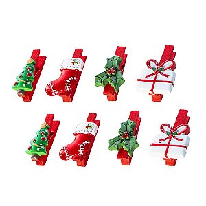 Kit 8 Mini Prendedores Decorativos Natalinos Madeira com Figuras em Poliresina - Tuut