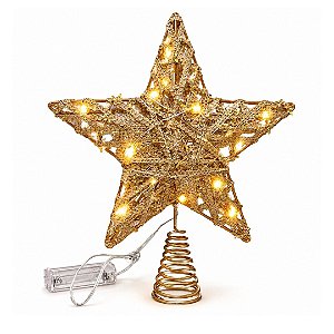 Ponteira Aramada Estrela 3D Iluminada Natal LED Dourada e Champanhe 30cm Base Espiral - Tuut