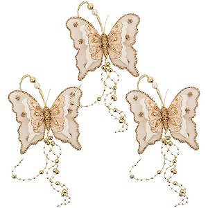 Kit 3 Borboletas Decorativa Natalina Transparente Glitter Champanhe 10cm com Pérolas e Cordão Contas