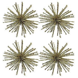 Kit 4 Enfeites Natalinos Flor Dente de Leão Glitter Champanhe 10cm - Tuut