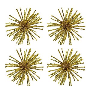 Kit 4 Enfeites Natalinos Flor Dente de Leão Glitter Dourado 10cm - Tuut