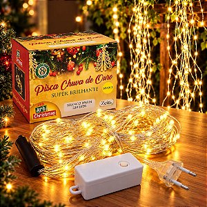 Pisca Chuva de Ouro Sequencial 200 LEDs Branco Quente 10 Fios de 2m 8 Funções Bivolt - Art Christmas