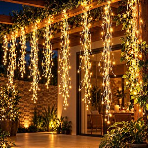 Cascata LED Chuva de Ouro Sequencial 200 LEDs Branco Quente 10 Fios de 2m 8 Funções Bivolt - Art Christmas