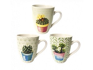 Jogo Caneca Porcelana Decorada Cacto 300ml 3 Un - Mundial