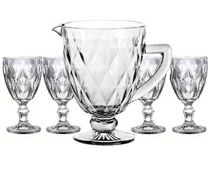 Jogo Taça Água Diamante Clear e Jarra 1 Litro 5 Peças - Class Home
