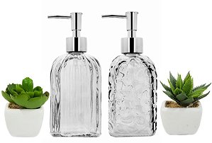 Kit Banheiro Porta Sabonete Líquido Vidro Clear e Mini Vaso Suculenta 4 Peças