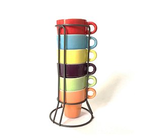 Jogo de Xícaras Cerâmica Colorida 50ml com Suporte 6 Peças - Unicasa