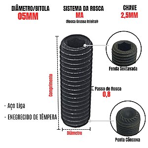 Parafuso Allen Sem Cabeça 05MM Rosca Grossa MA Ch 2,5mm Aço