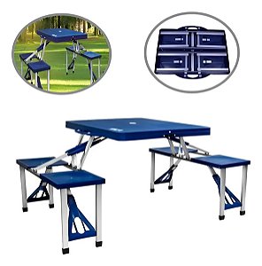 Mesa Dobrável de Alumínio Azul Com 4 Banquetas Para Camping Vira Maleta